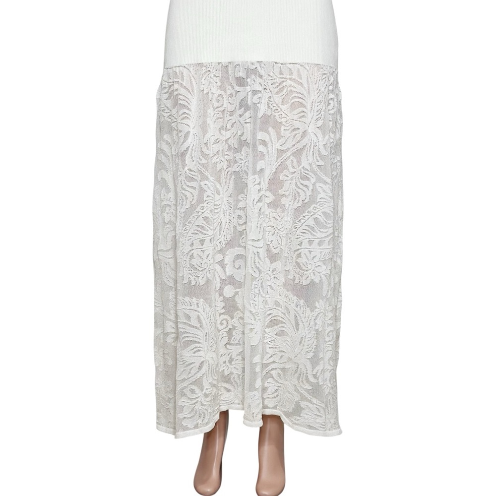 BEC & BRIDGE Rissa Ribbed Knit Dress W/ Mesh Lace Skirt, Ivory, Large - Picture 14 of 15